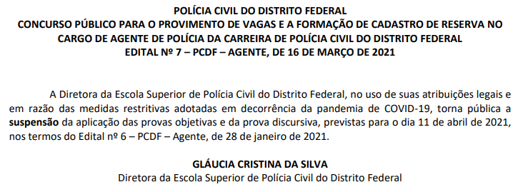 Comunicado de Suspensão Concurso PCDF Agente