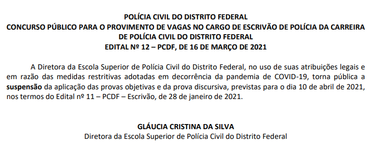 Comunicado de Suspensão Concurso PCDF Escrivão