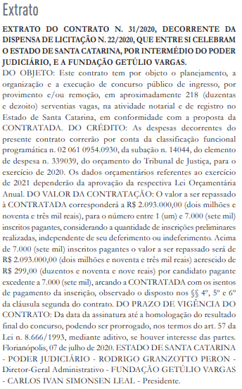 Extrato de Contratação FGV para o Concurso Cartório SC