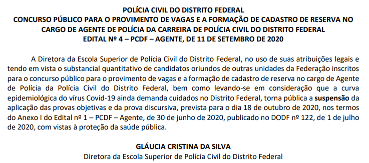 Comunicado de Suspensão PC DF Agente