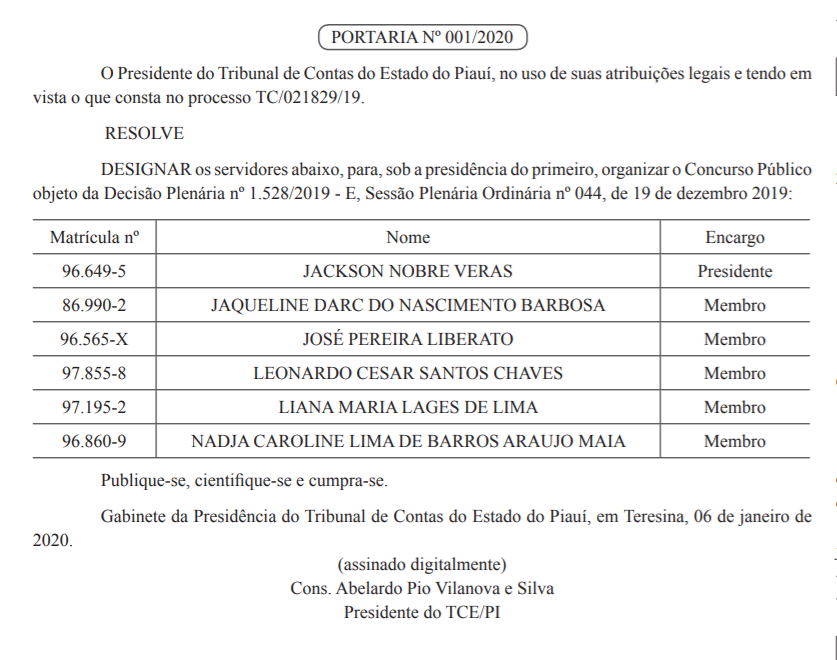 Portaria concurso TCE PI